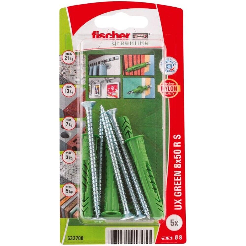 Múrtappar UX R S Fischer grænn 8x50mm 5stk með skrúfum