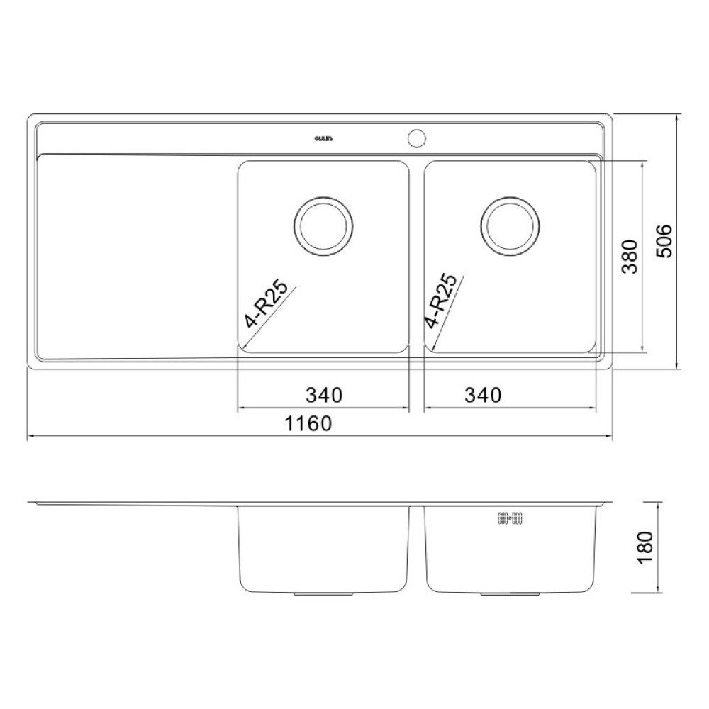 Stálvaskur tvöfaldur með vaskaborði 1160x506 mm Oulin