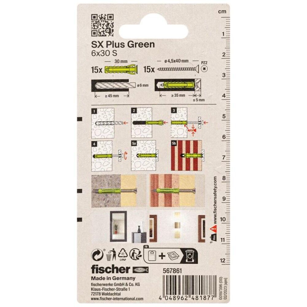 Múrtappar SX Plus Fischer grænn 6x30 mm 15 stk með skrúfum