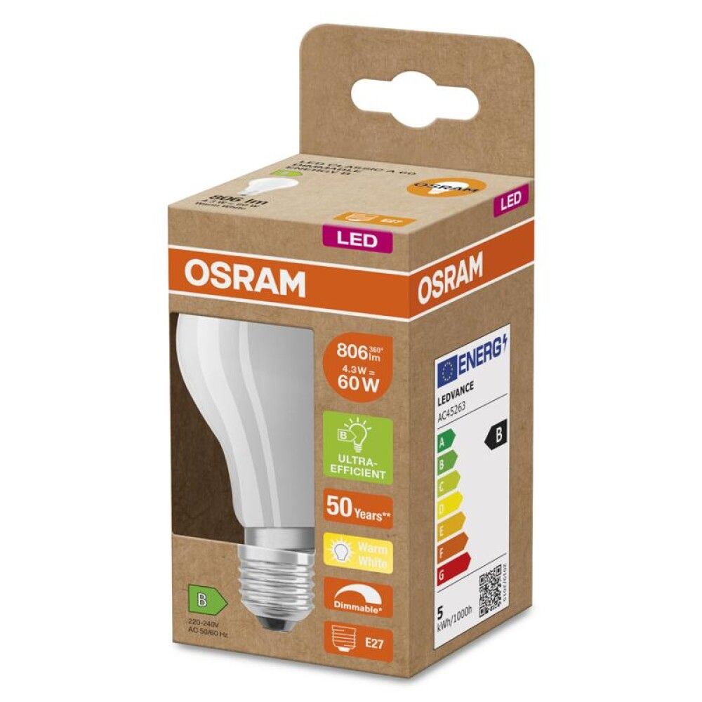 Ljósapera LED E27 2700K Osram 4,3W Ø6 mm