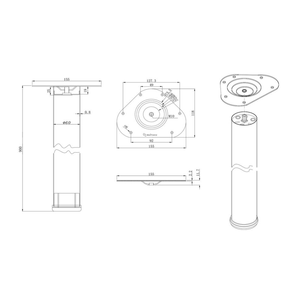 Borðfótur Ø60x900mm burstað stál