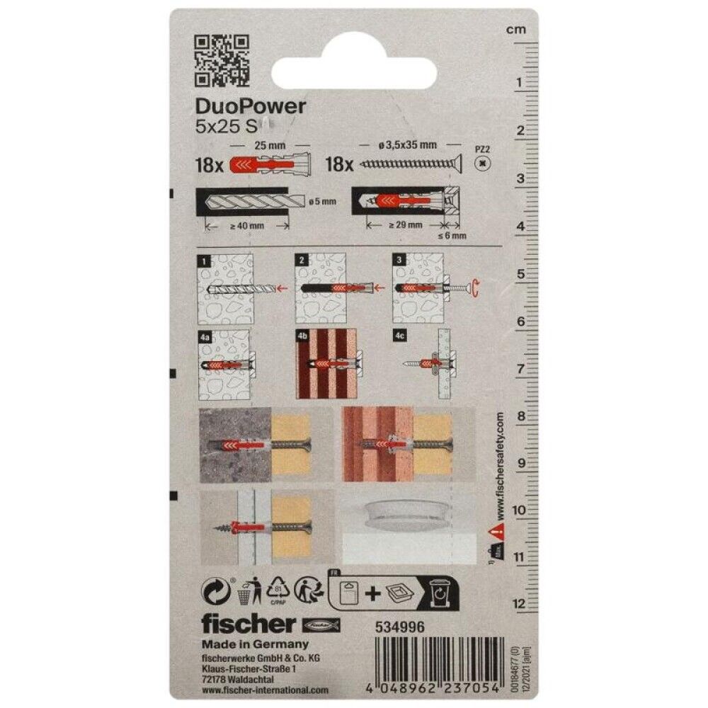 Tappar alhliða Duopower Fischer 5x25mm 18stk með skrúfum