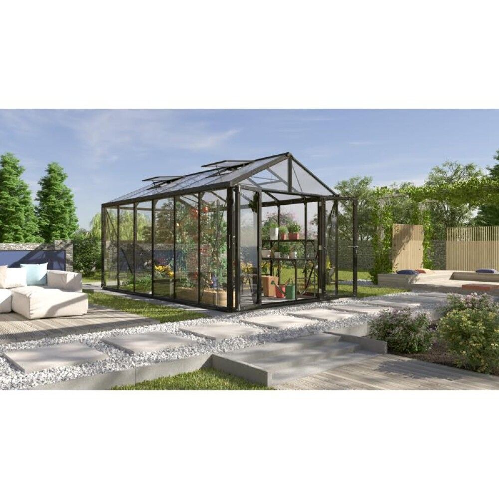 Gróðurhús Poseidon 11,9 m² svart 3 mm hert gler og polyþak