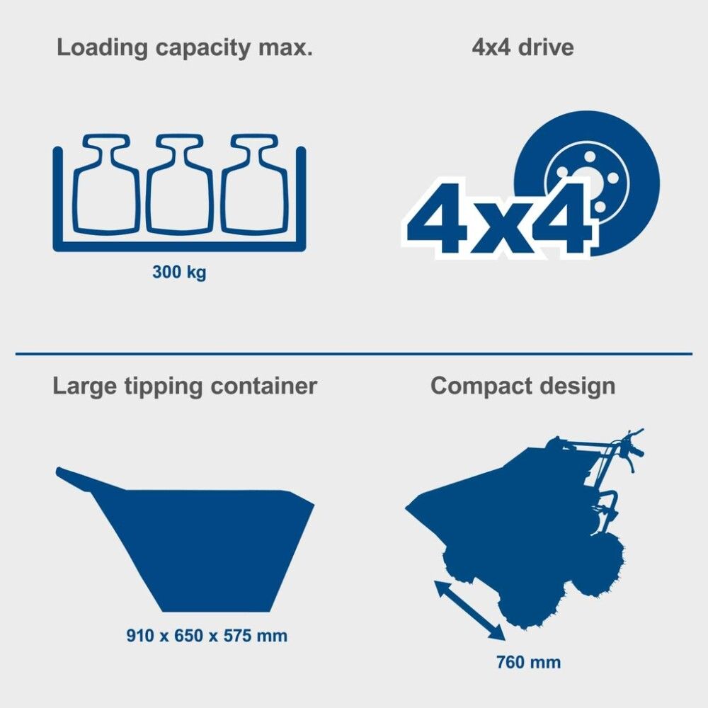 Hjólbörur bensín 6,5 hö Scheppach DP3000 hámark 300 kg