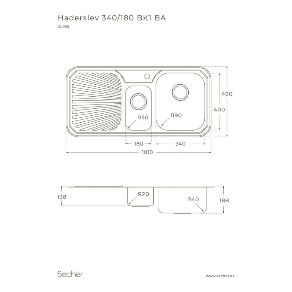 Stálvaskur 1½ hólf með vaskaborði 1010x490 mm Oulin
