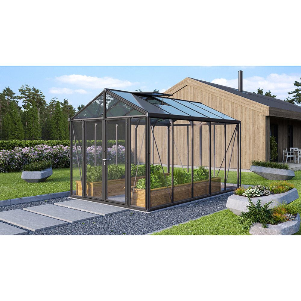 Gróðurhús Poseidon 10 m² svart 3 mm hert gler og polyþak