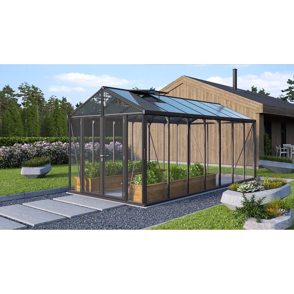 Gróðurhús Poseidon 13,8 m² svart 3 mm hert gler og polyþak