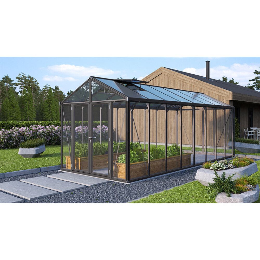 Gróðurhús Poseidon 15,7 m² svart 3 mm hert gler og polyþak