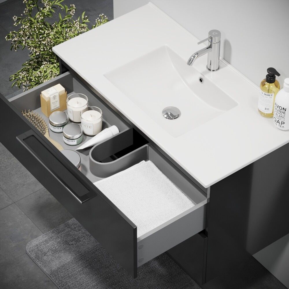 Baðinnrétting með handlaug 90 cm Camden svart háglans