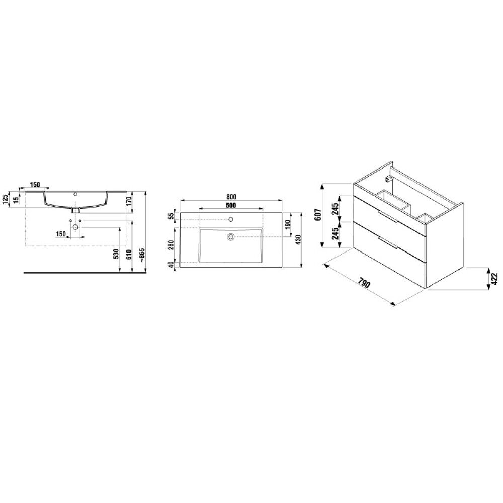 Baðinnrétting með handlaug 79 cm Laufen Cube hvít