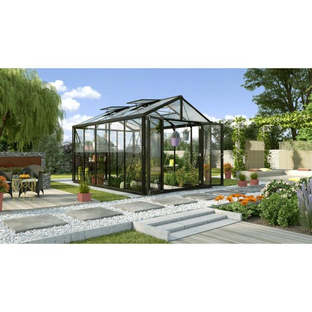 Gróðurhús Poseidon 10 m² svart 3 mm hert gler og polyþak