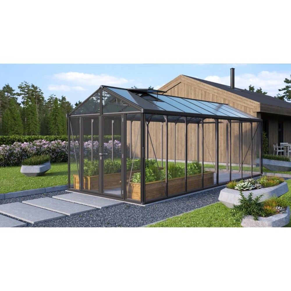 Gróðurhús Poseidon 15,7 m² svart 3 mm hert gler og polyþak