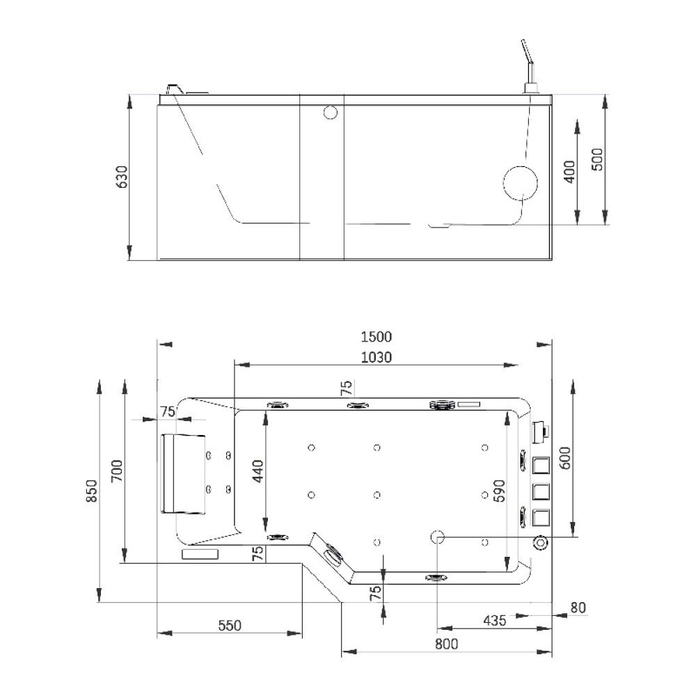 Nuddbaðkar hægri Skaraborg 150x85x63 cm Camargue