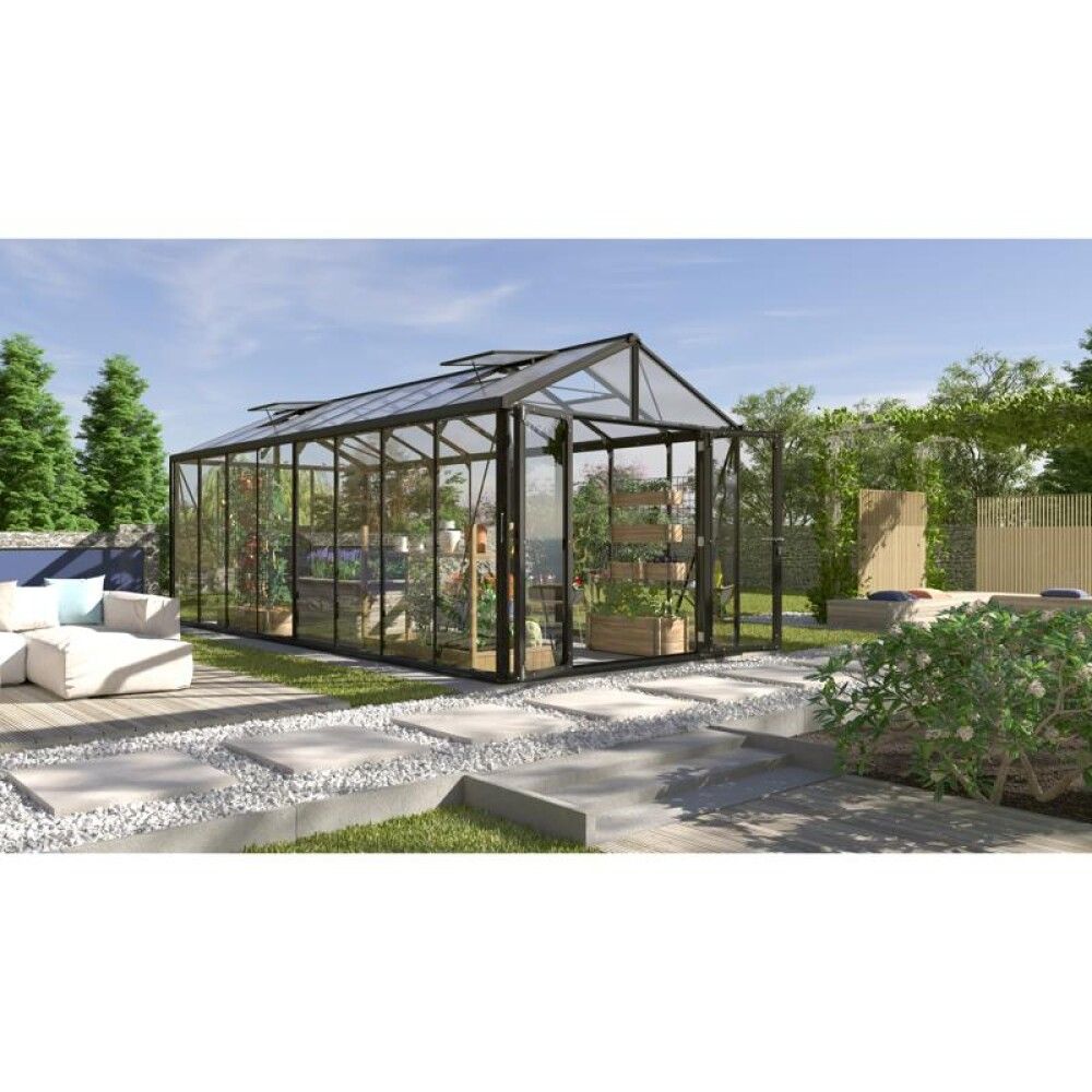 Gróðurhús Poseidon 15,7 m² svart 3 mm hert gler og polyþak