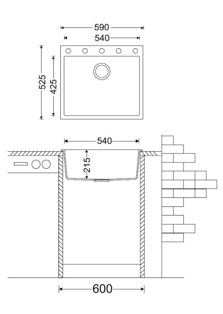 Vaskur einfaldur Alborg 560 59x52,5cm BK2 granít svartur
