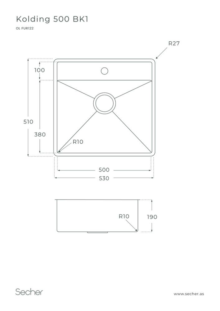 Stálvaskur Kolding 500 53x51cm 500BK1 rústfrítt stál