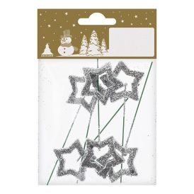 Stjörnur á vír 9,5 cm 6 stk silfurlitaðar