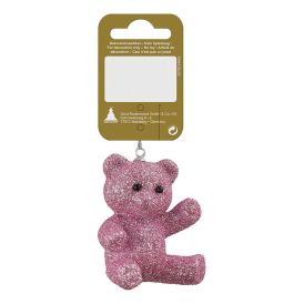 Jólatrésskraut bangsi plast 7 cm bleikur með glimmer